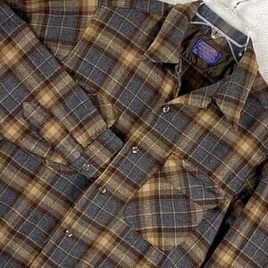 VTG Pendleton Board Shirt Mens M Brown Gray Plaid Wool Loop Collar USA 60s